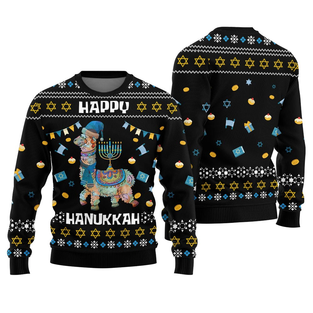Funny Llama Ugly Hanukkah Sweater Black Thoughtful Winter Gift Merch for Special Moments