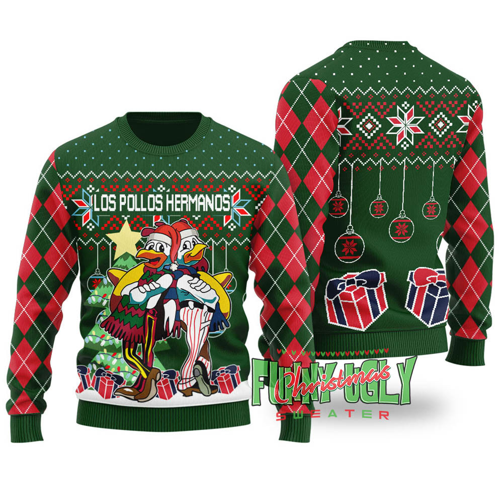 Funny Los Pollos Hermanos Ugly Christmas Sweater Forest Green Cozy Christmas Sweater for Holiday Season
