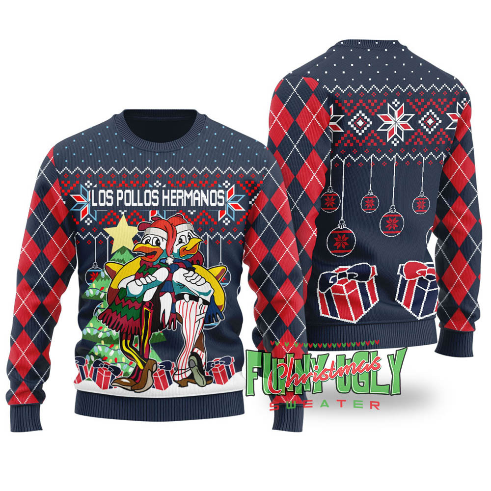 Funny Los Pollos Hermanos Ugly Christmas Sweater Navy Classic Holiday Sweater for Festive Looks