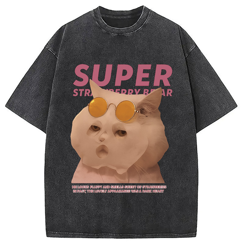 Funny Mask Cat Washed T-Shirt Retro Humor Graphic Top Gifts For BFF