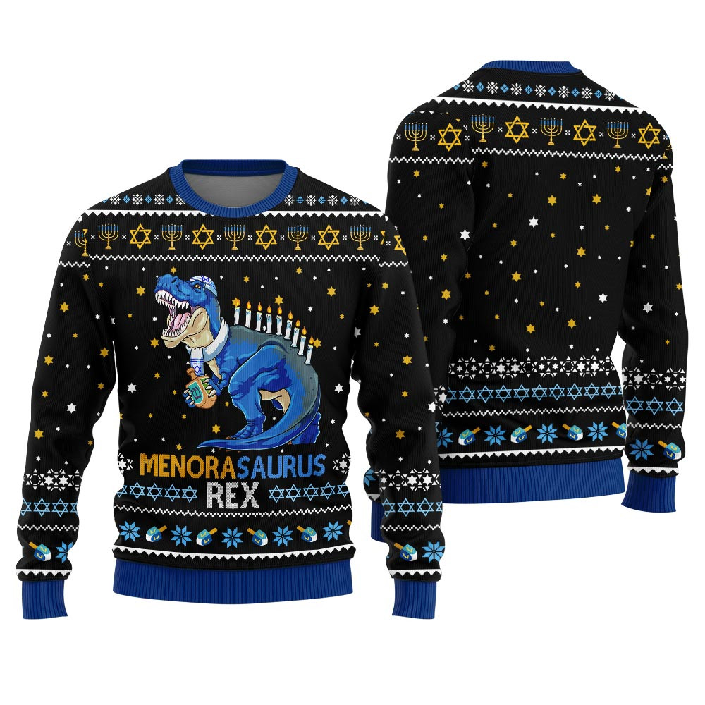 Funny Menorasaurus Rex Womens Hanukkah Sweater Trendy Christmas Sweater for Winter Outfits