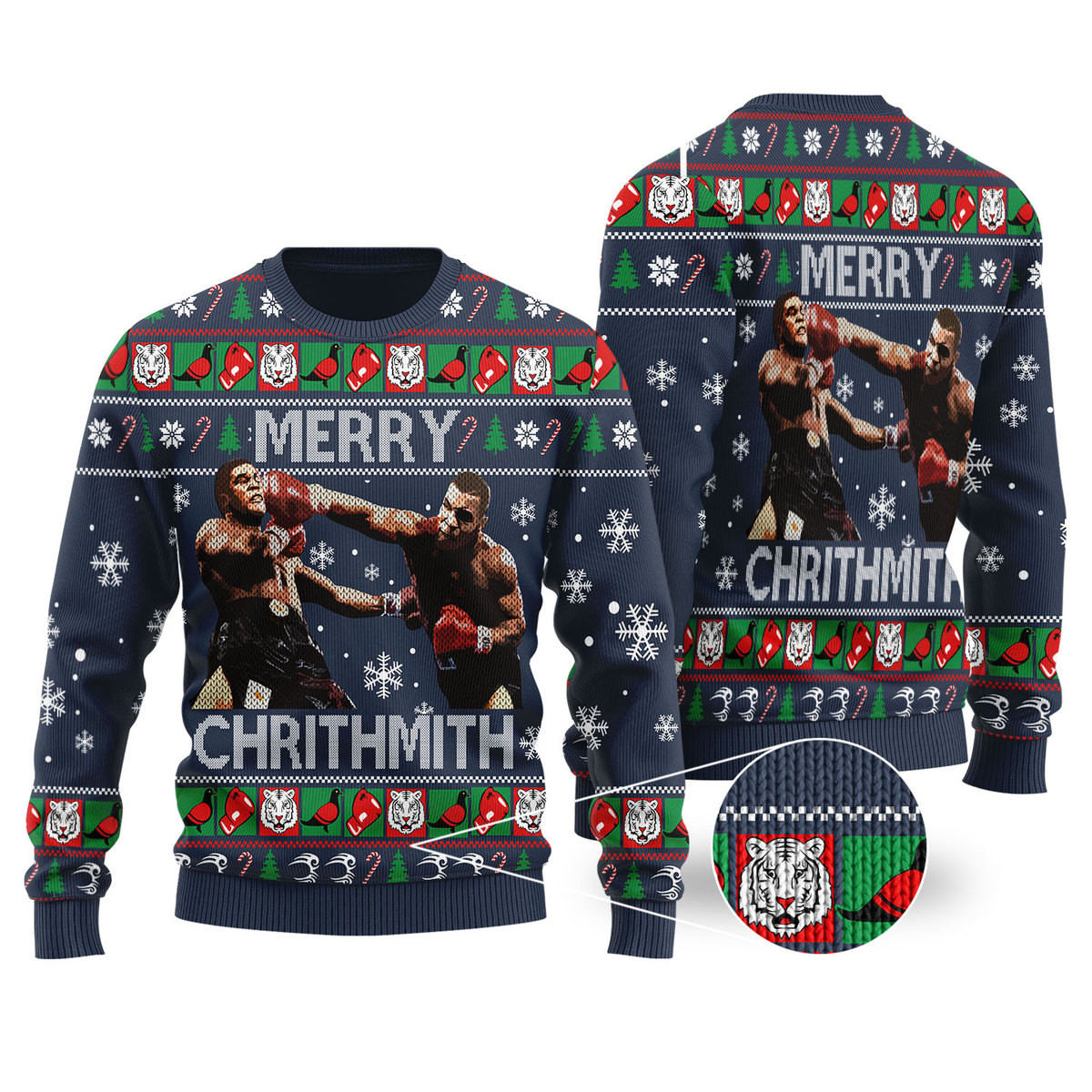 Funny Mike Tyson Christmas Sweater Navy Cozy Christmas Sweater for Holiday Season