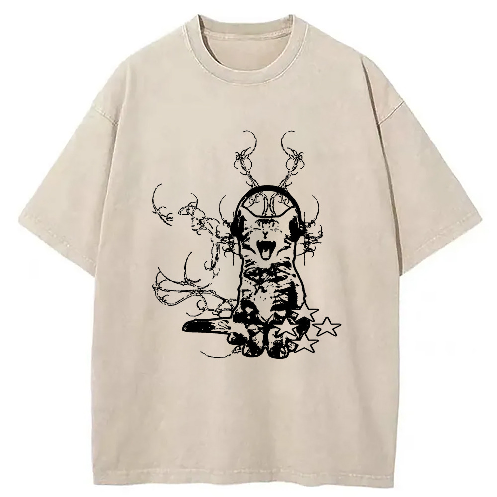 Funny Music Cat Washed T-Shirt Soft Cotton Daily Wear Tee Gifts For Best Friend