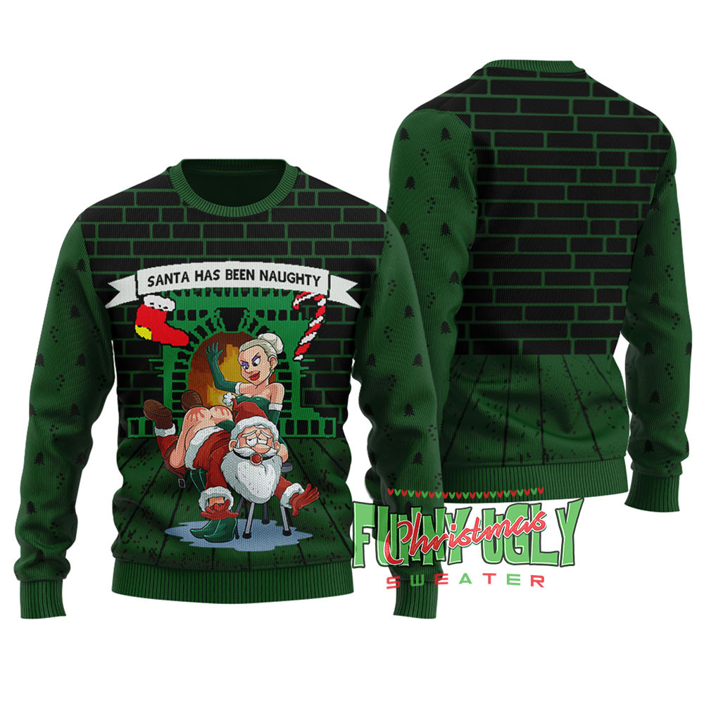 Funny Naughty Santa Christmas Sweater Forest Green Perfect Merch Gift for the Christmas Season