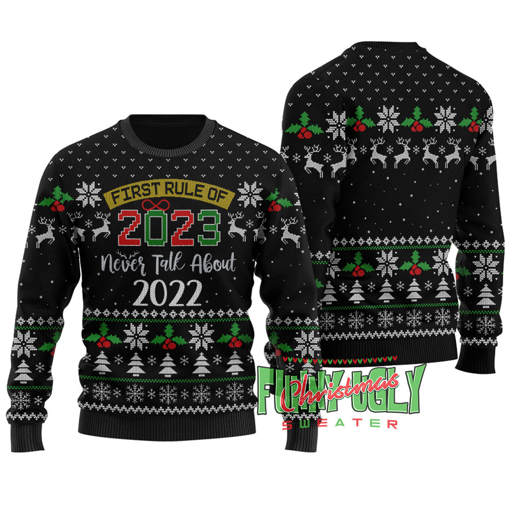 Funny New Year First Rule Ugly Christmas Sweater Black Special Merch Gift Idea for Festive Celebrations