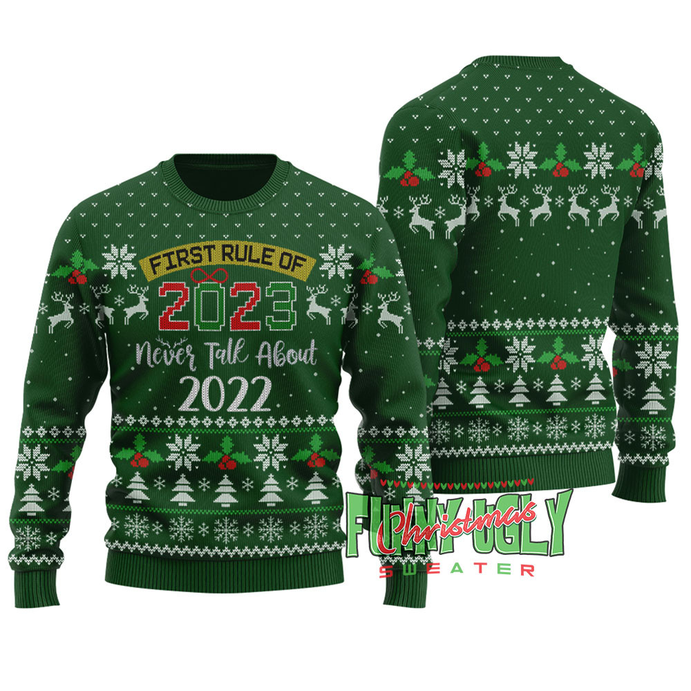 Funny New Year First Rule Ugly Christmas Sweater Forest Green Trendy Christmas Sweater for Winter Outfits