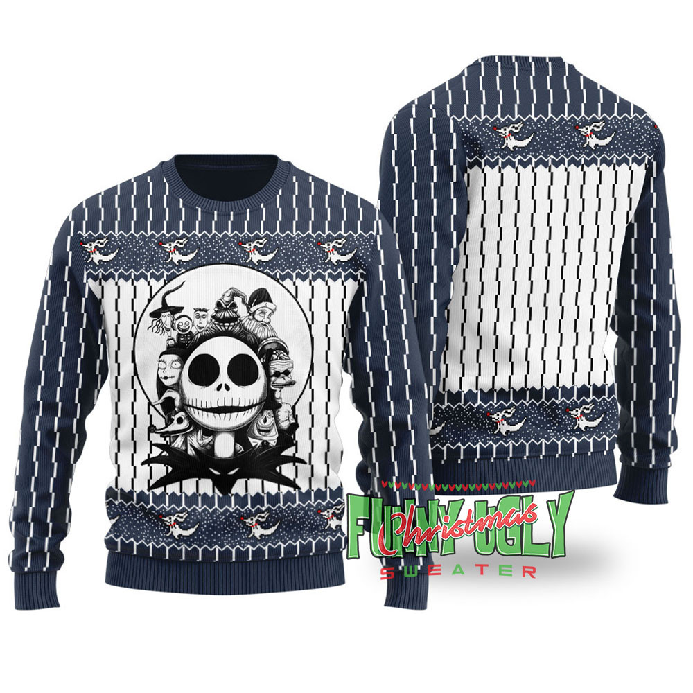 Funny Nightmare Before Christmas Ugly Sweater Navy Comfortable Holiday Sweater for Chilly Nights