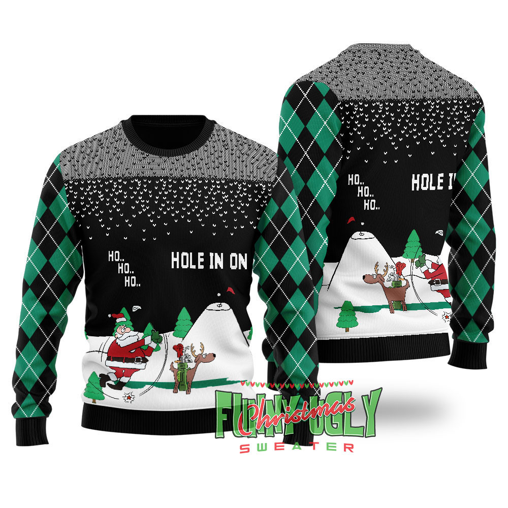 Funny North Pole Golfing Santa Ugly Christmas Sweater Black Unique Holiday Sweater Gift Idea for Loved Ones