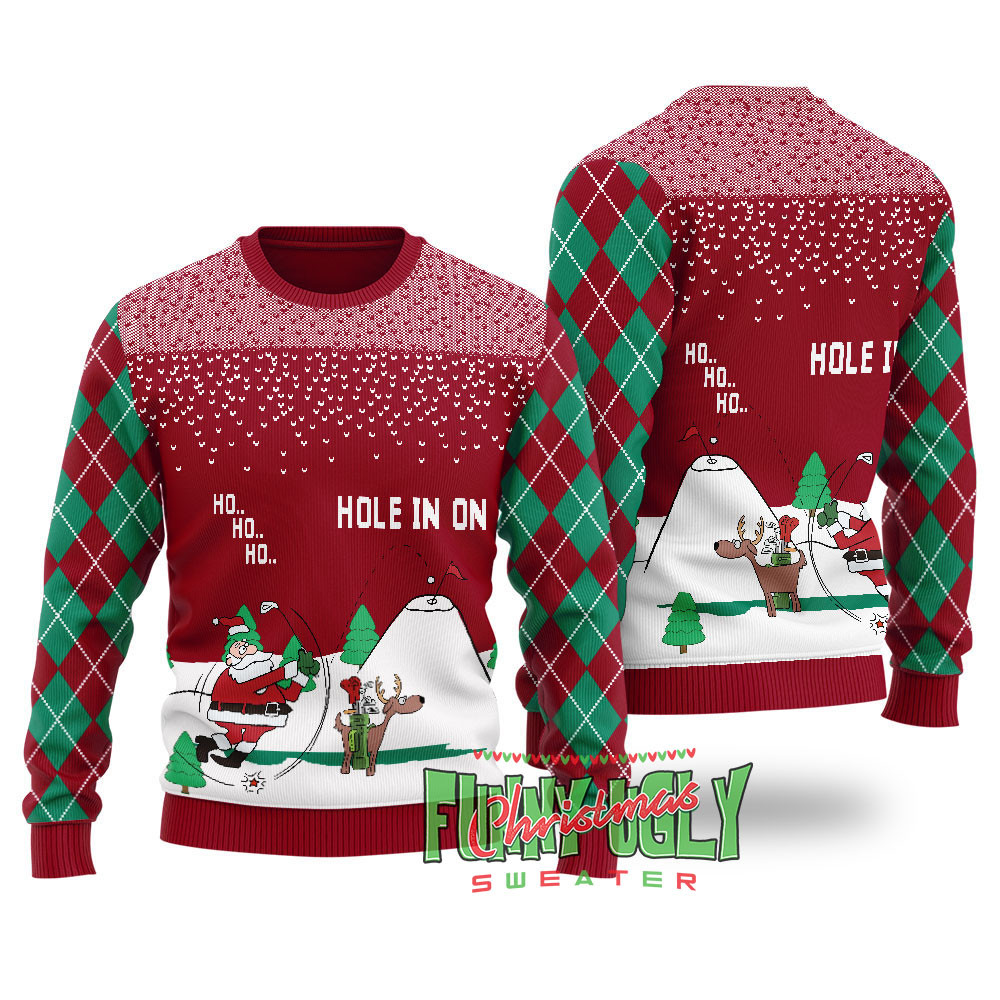 Funny North Pole Golfing Santa Ugly Christmas Sweater Cardinal Red Cozy Christmas Sweater for Holiday Season