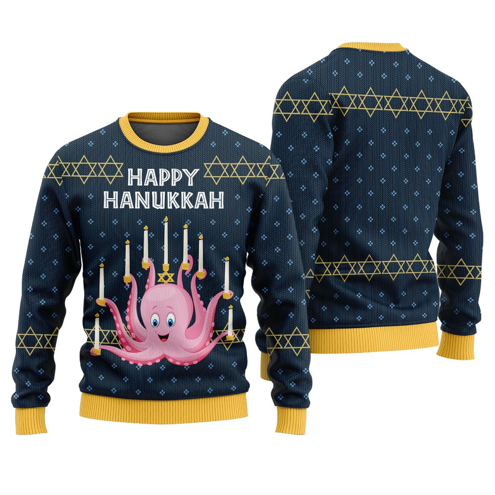 Funny Octopus Whoopi Hanukkah Sweater Navy Best Christmas Merch Gift for Family and Friends