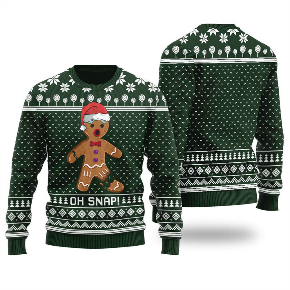 Funny Oh Snap Gingerbread Ugly Christmas Sweater Forest Green Unique Holiday Sweater Gift Idea for Loved Ones