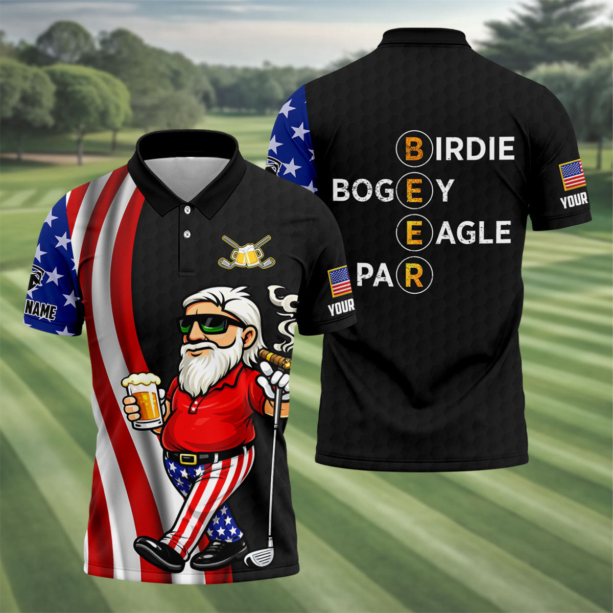 Funny Old Man And Beer Polo Shirt Men's Clothing Patriotic Top Gifts For A Golfer
