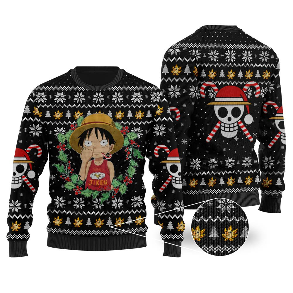 Funny One Piece Luffy Ugly Christmas Sweater Black Lovely Christmas Sweater Gift for Mom or Grandma