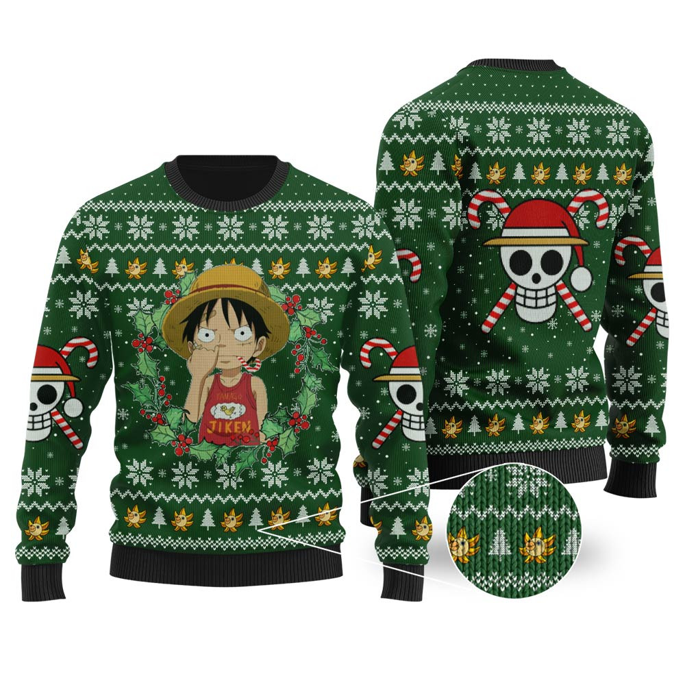 Funny One Piece Luffy Ugly Christmas Sweater Forest Green Perfect Gift Sweater for Friends and Family