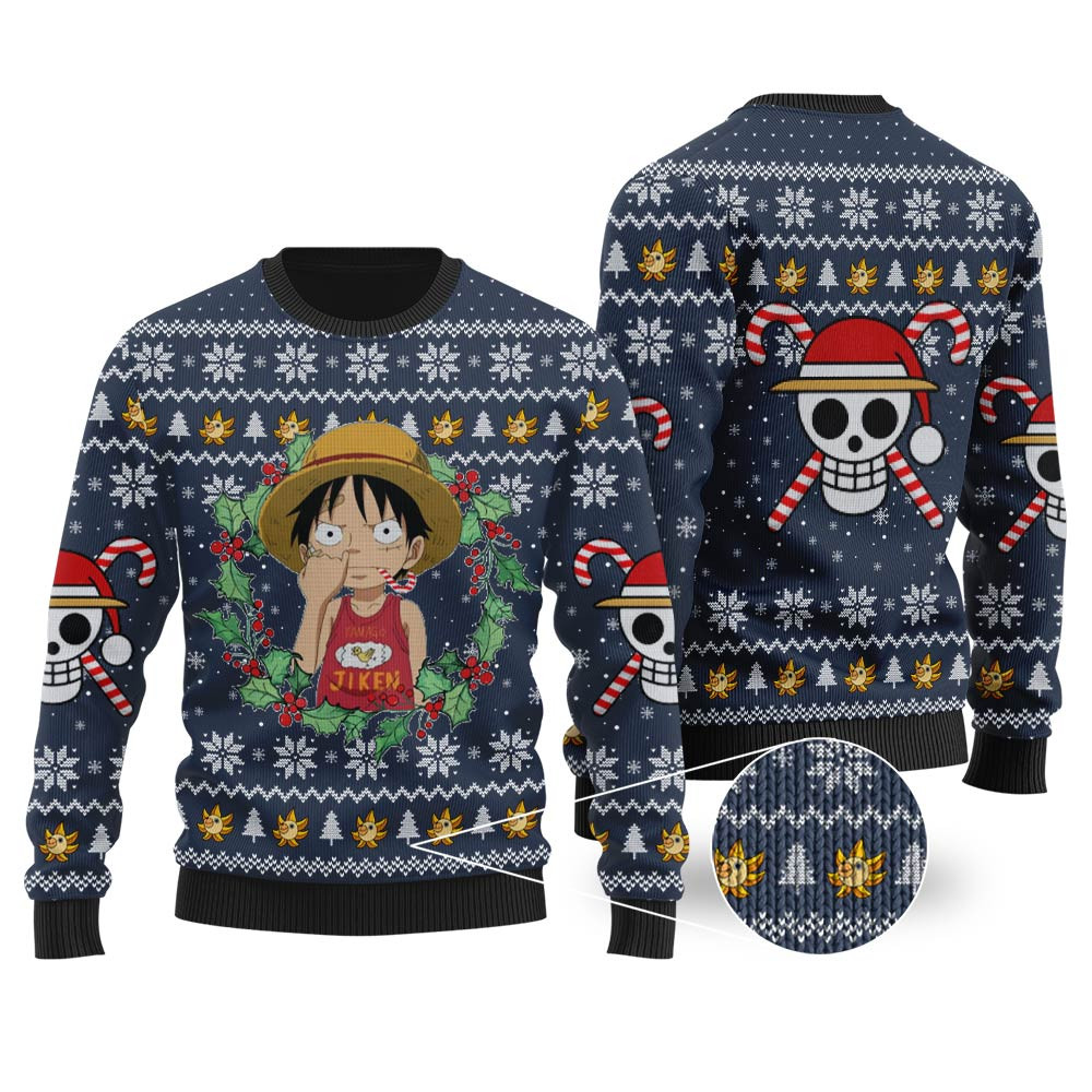 Funny One Piece Luffy Ugly Christmas Sweater Navy Holiday Gift Merch That Everyone Will Adore