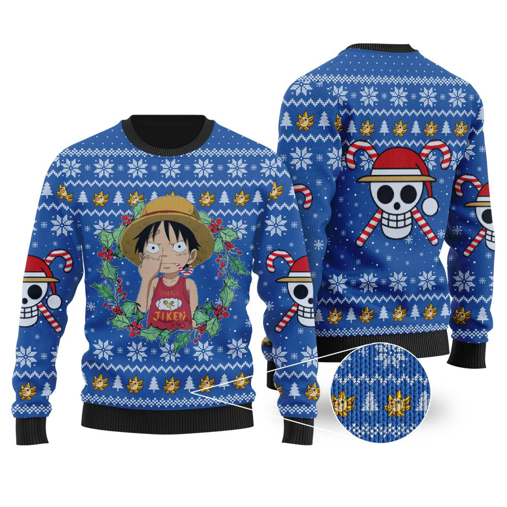 Funny One Piece Luffy Ugly Christmas Sweater Royal Stylish Winter Sweatshirt for Everyday Wear