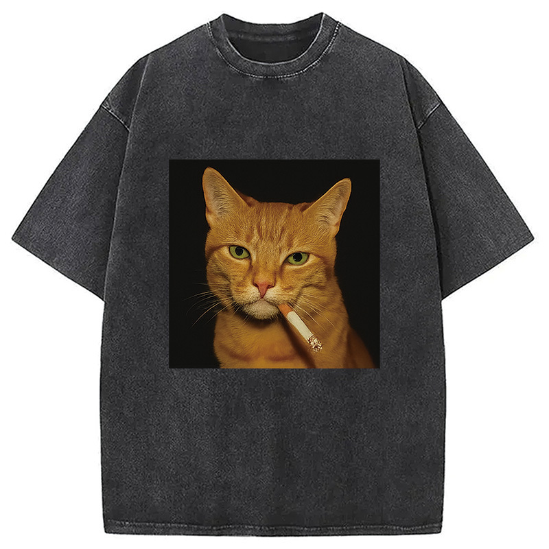 Funny Orange Cat Smoking Meme Washed T-Shirt Retro Streetwear Graphic Top Gifts For Best Friend