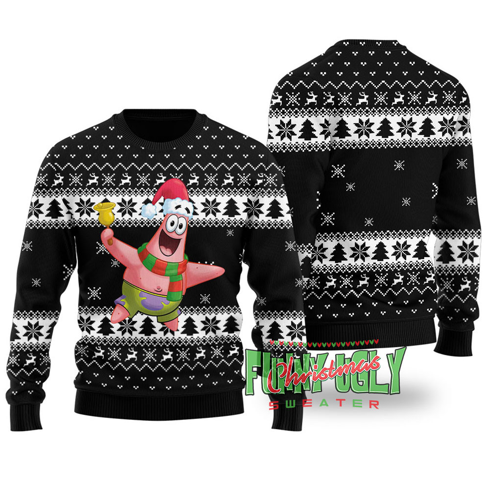 Funny Patrick Star Squarepants Ugly Christmas Sweater Black Trendy Winter Sweatshirt for Cozy Moments