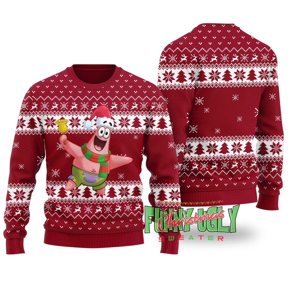 Funny Patrick Star Squarepants Ugly Christmas Sweater Cardinal Red Casual Winter Sweatshirt for Daily Comfort