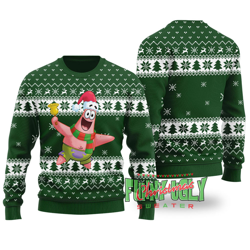 Funny Patrick Star Squarepants Ugly Christmas Sweater Forest Green Unique Holiday Sweater Gift Idea for Loved Ones