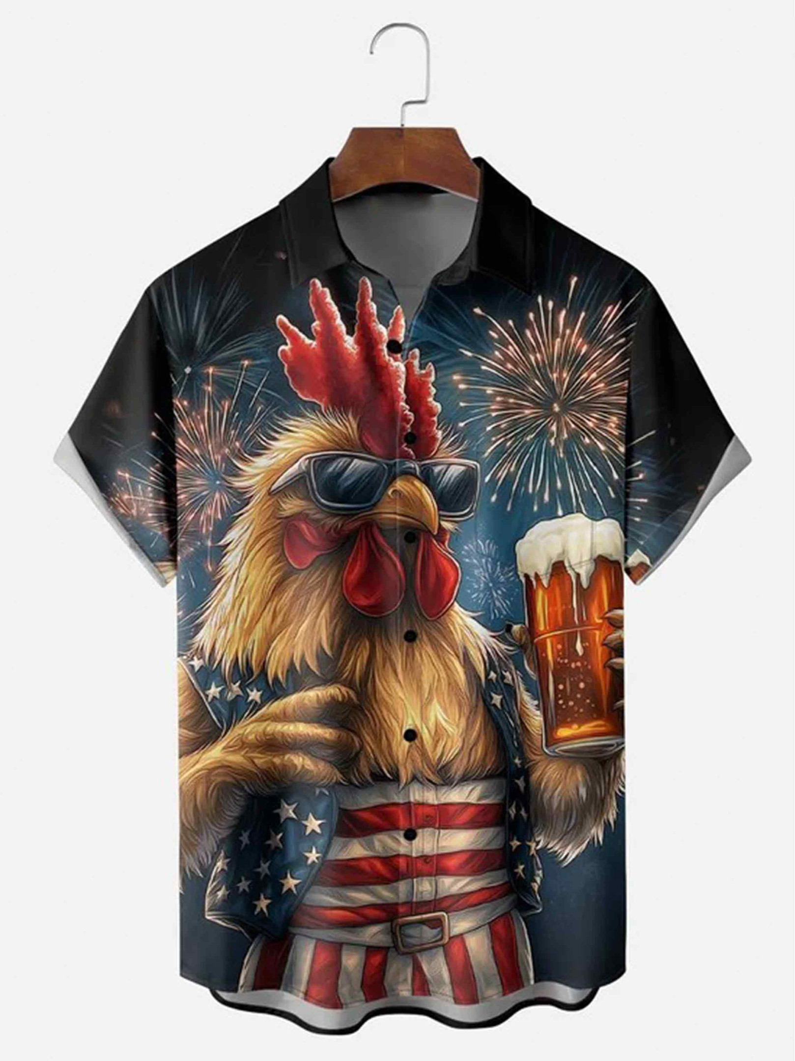 Funny Patriotic Chicken American Flag Button Shirt Cool Rooster With Beer Apparel Gift Ideas