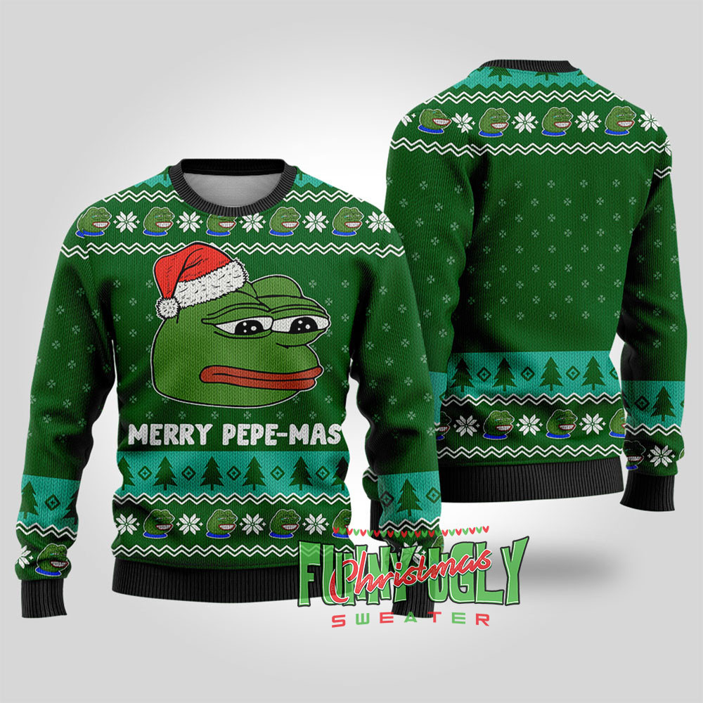 Funny Pepe The Frog Meme Christmas Sweater Forest Green Perfect Holiday Gift Merch for Sweater Lovers