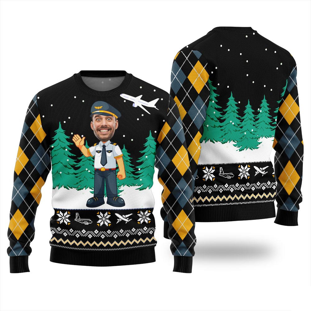 Funny Personalized Face Pilot Ugly Christmas Sweater Black Funny Holiday Sweater