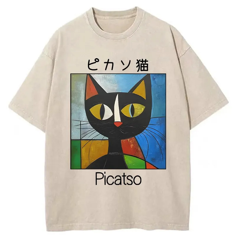 Funny Picasso Cat Washed T-Shirt Casual Oversized Outfit Style Gifts For Friends