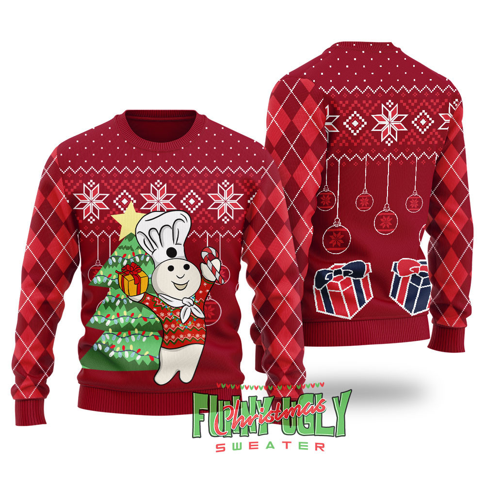 Funny Pillsbury Doughboy Ugly Christmas Sweaters Cardinal Red Perfect Gift Sweater for Friends and Family