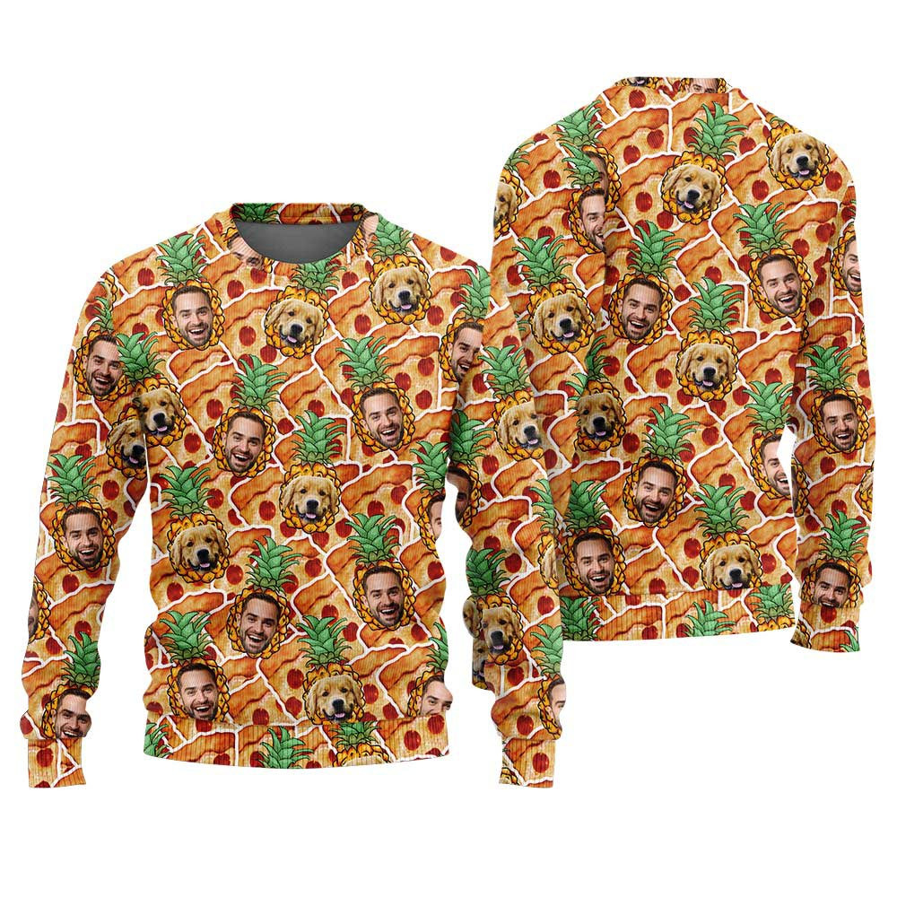Funny Pizza Pineapple Custom Face And Pet Ugly Sweater Orange Funny Holiday Sweater