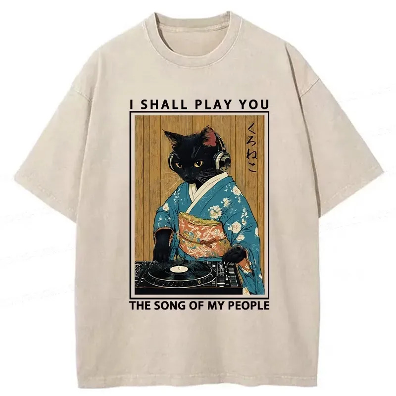 Funny Playing Music Black Cat Washed T-Shirt Soft Cotton Daily Wear Tee Gifts For Her