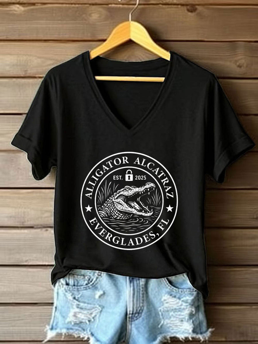 Funny Prison Alligator Alcatraz Dark Humor V-neck Shirt For Women's Mom Gifts