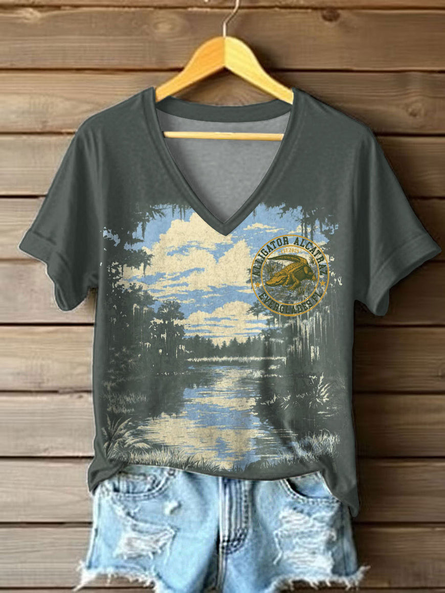 Funny Prison Alligator Alcatraz Dark Humor V-neck Shirt For Women's Patriotic Gifts