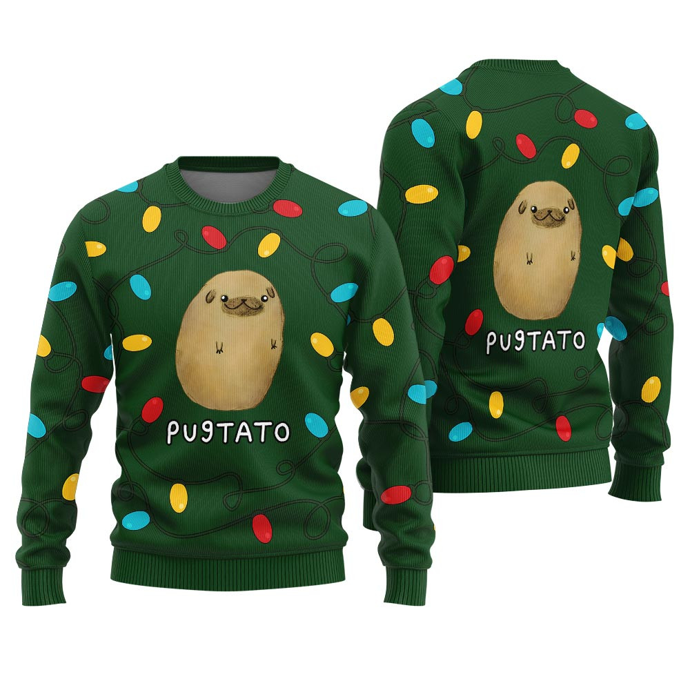 Funny Pugtato Pug Ugly Christmas Sweater Warm and Comfy Sweater for Winter Days