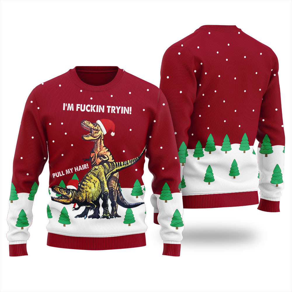 Funny Pull My Hair Naughty Dinosaur Ugly Christmas Sweater For Women Popular Holiday Gift Merch for Everyone