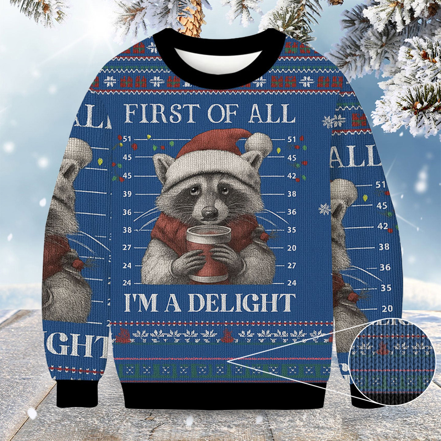 Funny Raccoon First Of All Christmas Ugly Sweater Animal Themed Raccoon Lover Gifts