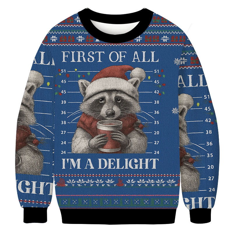 Funny Raccoon First Of All Christmas Ugly Sweatshirt Holiday Season Gag Gift Top Funny Raccoon First Of All Christmas Ugly Sweatshirt Holiday Season Gag Gift Top