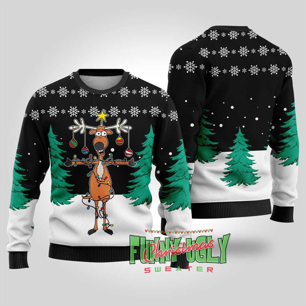 Funny Reindeer Christmas Tree Ugly Sweater Black Personalized Christmas Sweatshirt Gift for Family