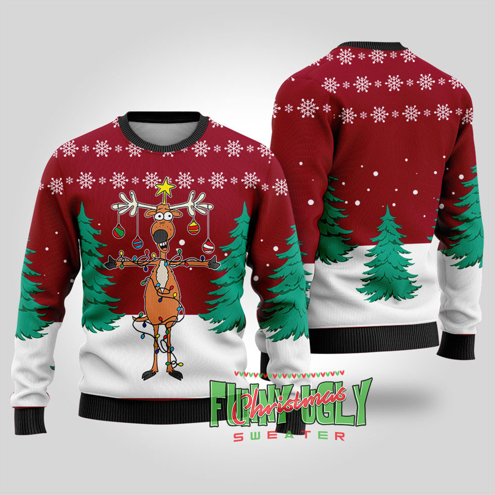 Funny Reindeer Christmas Tree Ugly Sweater Cardinal Red Best Gift Idea for Christmas Enthusiasts