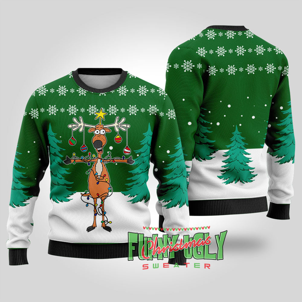 Funny Reindeer Christmas Tree Ugly Sweater Forest Green Meaningful Holiday Gift Merch to Show You Care