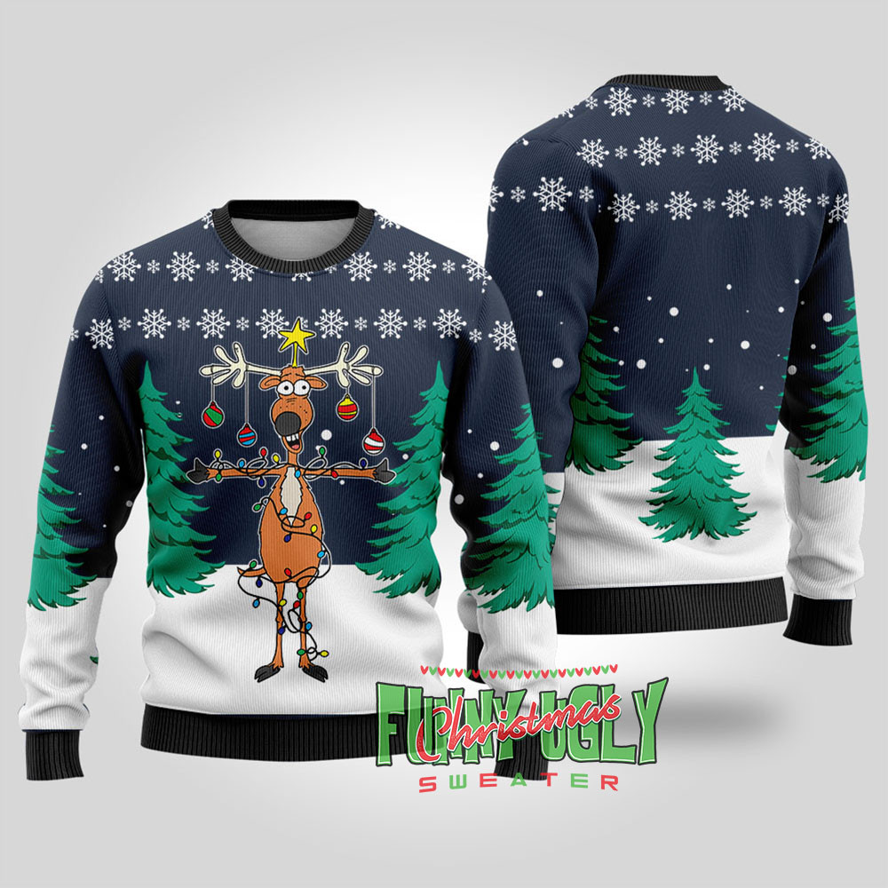 Funny Reindeer Christmas Tree Ugly Sweater Navy Classic Holiday Sweater for Festive Looks
