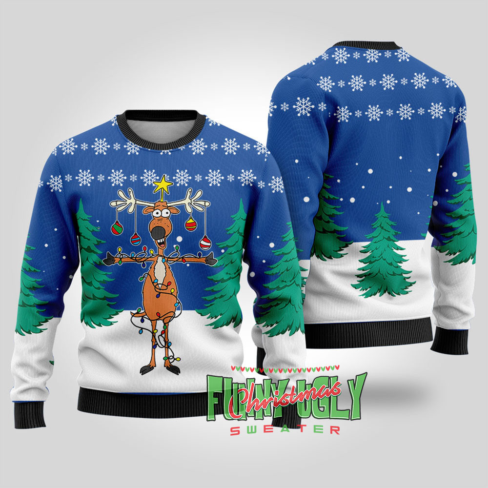 Funny Reindeer Christmas Tree Ugly Sweater Royal Holiday Gift Merch That Everyone Will Adore