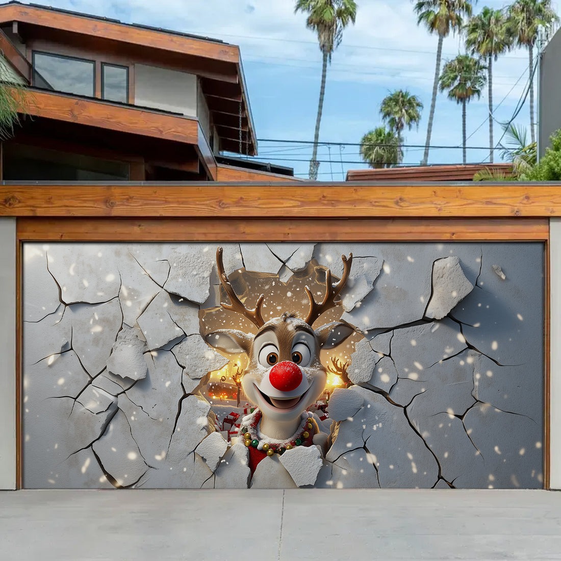 Funny Reindeer Garage Door Cover Breakthrough Christmas Outdoor Decoration