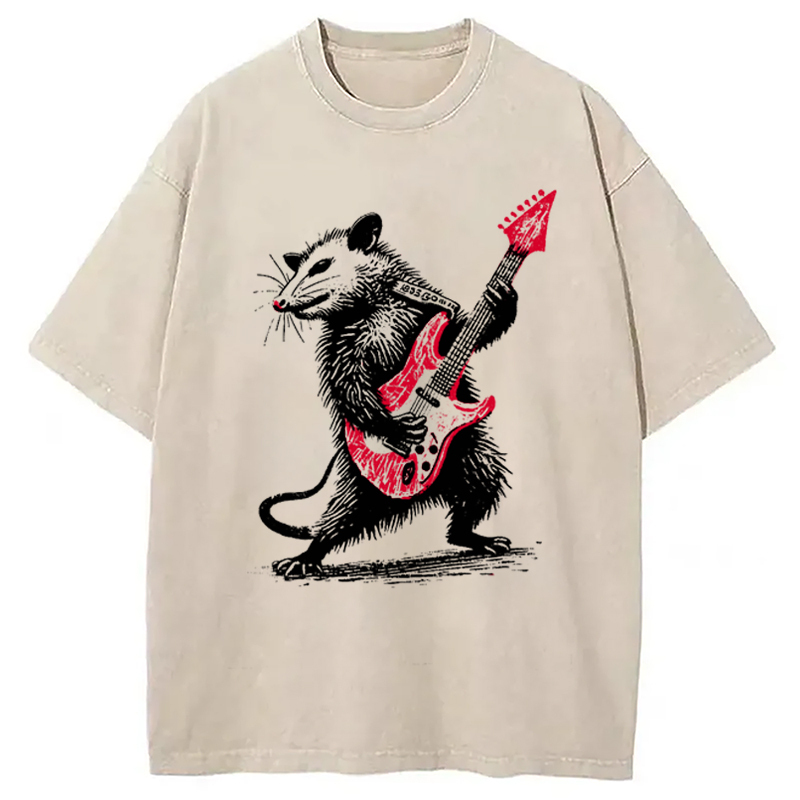 Funny Rocker Possum Guitar Vintage Washed T-Shirt Cool Graphic Tee For Men Women Gifts For Brother