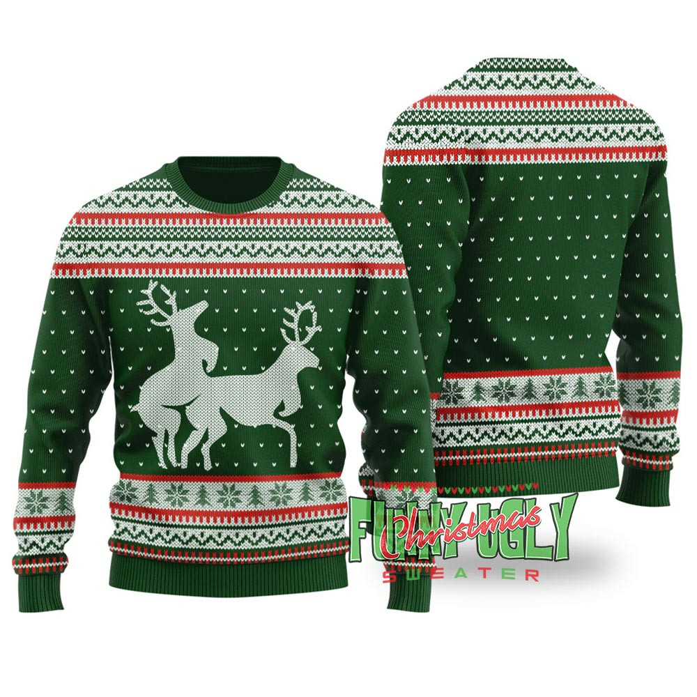 Funny Rude Reindeer Christmas Sweater Forest Green Warm and Comfy Sweater for Winter Days