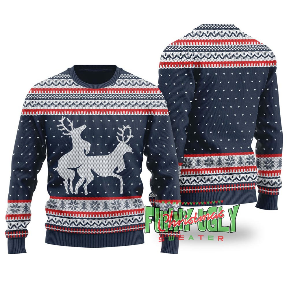 Funny Rude Reindeer Christmas Sweater Navy Festive Sweatshirt for Christmas Celebrations