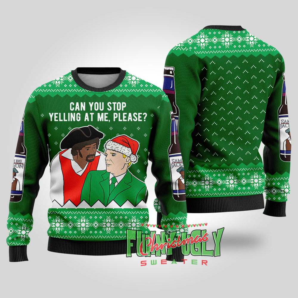Funny Samuel Jackson Beer Christmas Sweater Forest Green Funny Holiday Sweater for Family Gatherings