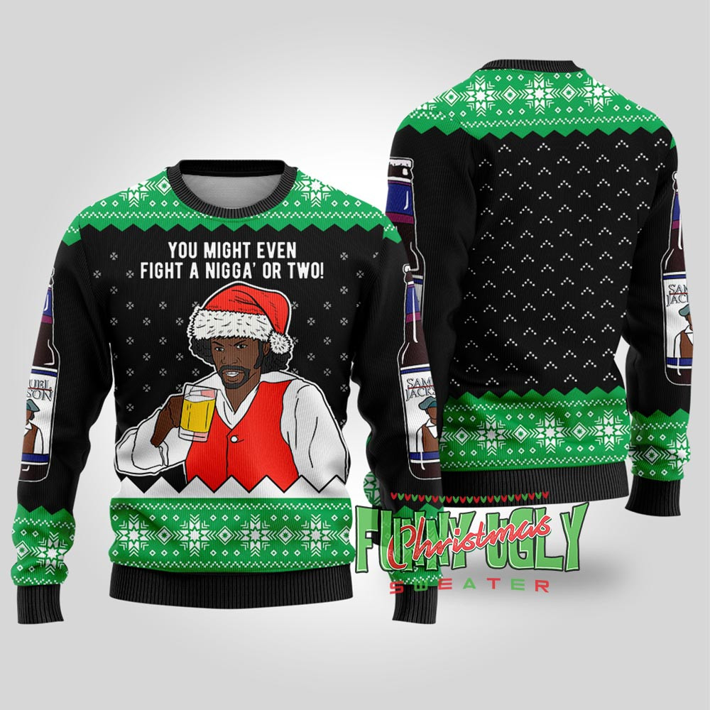 Funny Samuel Jackson Beer Drink Christmas Sweater Black Unique Holiday Sweater Gift Idea for Loved Ones