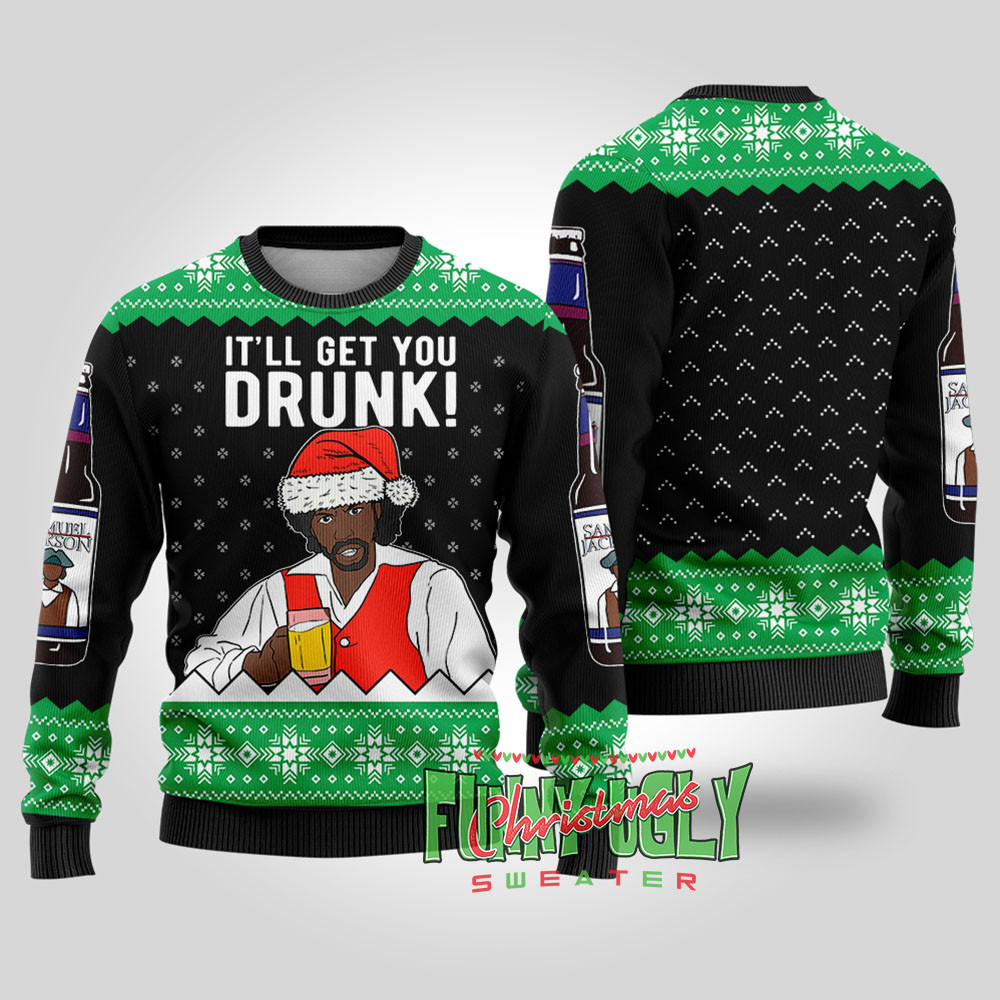 Funny Samuel Jackson Beer Ugly Christmas Sweater Black Soft Cotton Sweatshirt for Winter Comfort