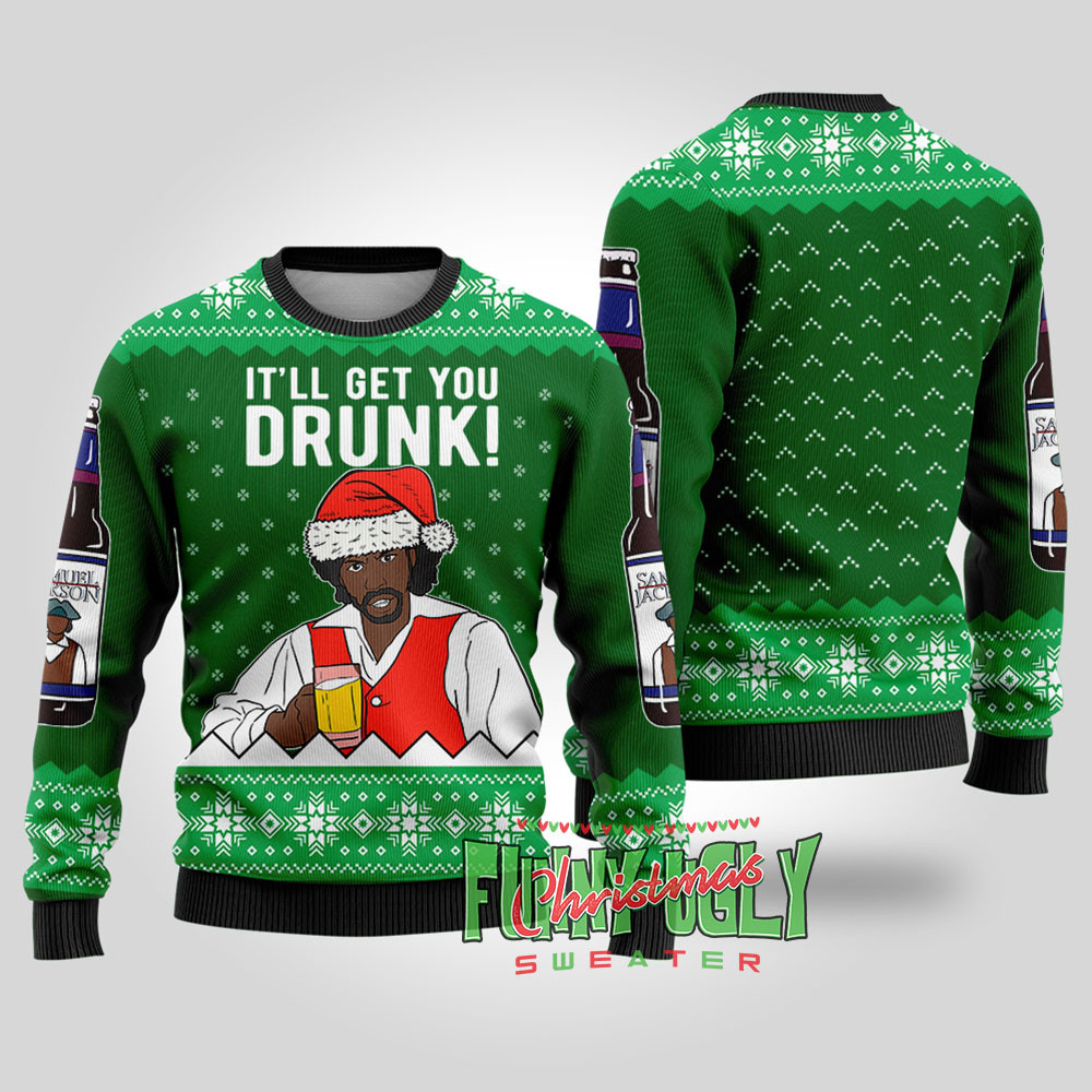 Funny Samuel Jackson Beer Ugly Christmas Sweater Forest Green Comfortable Holiday Sweater for Chilly Nights